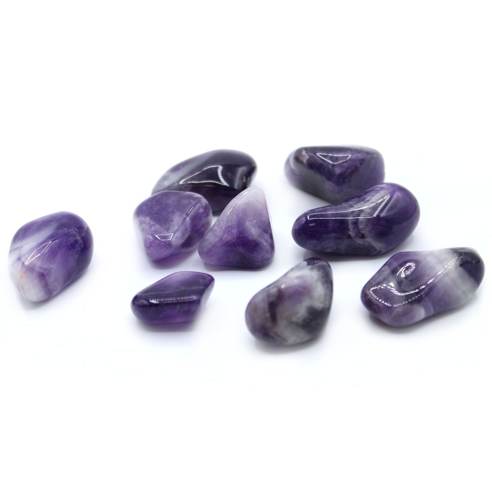 Large polished Banded Amethyst tumble stone showing unique purple and white chevron patterns.