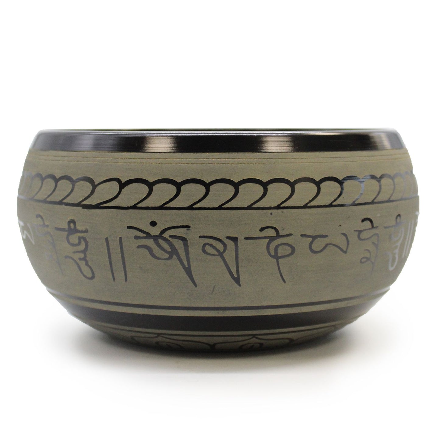 Ornate brass singing bowl engraved with Five Buddha symbols and intricate spiritual patterns.
