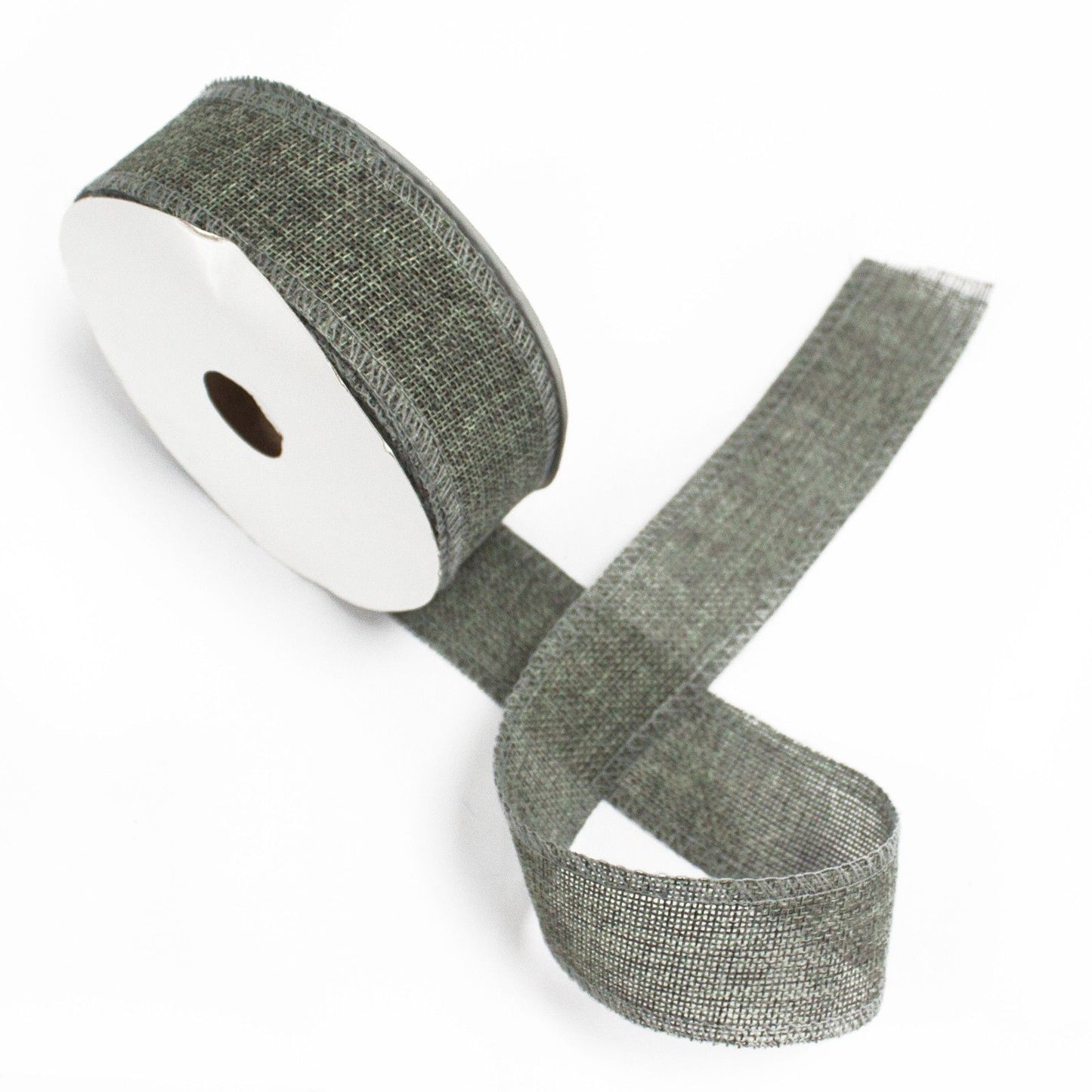 A roll of dark charcoal grey natural texture ribbon made from non-woven fabric.