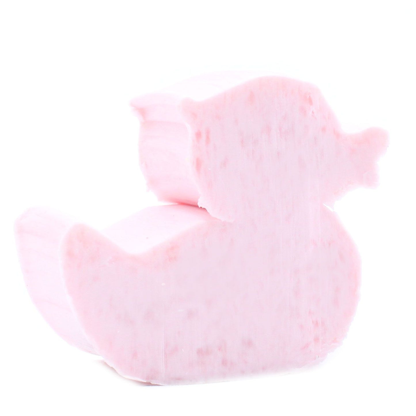 A set of ten small, pink, duck-shaped guest soaps with a smooth finish.
