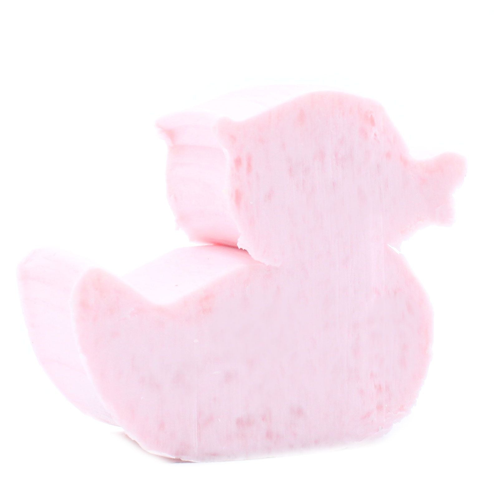 A set of ten small, pink, duck-shaped guest soaps with a smooth finish.