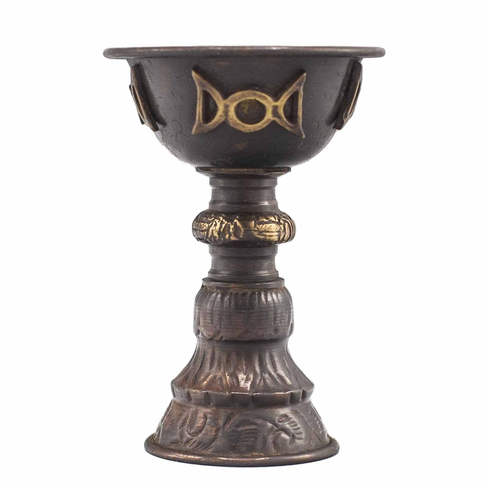 Intricately detailed antique copper ritual goblet featuring a raised triple moon symbol on a decorative stem.