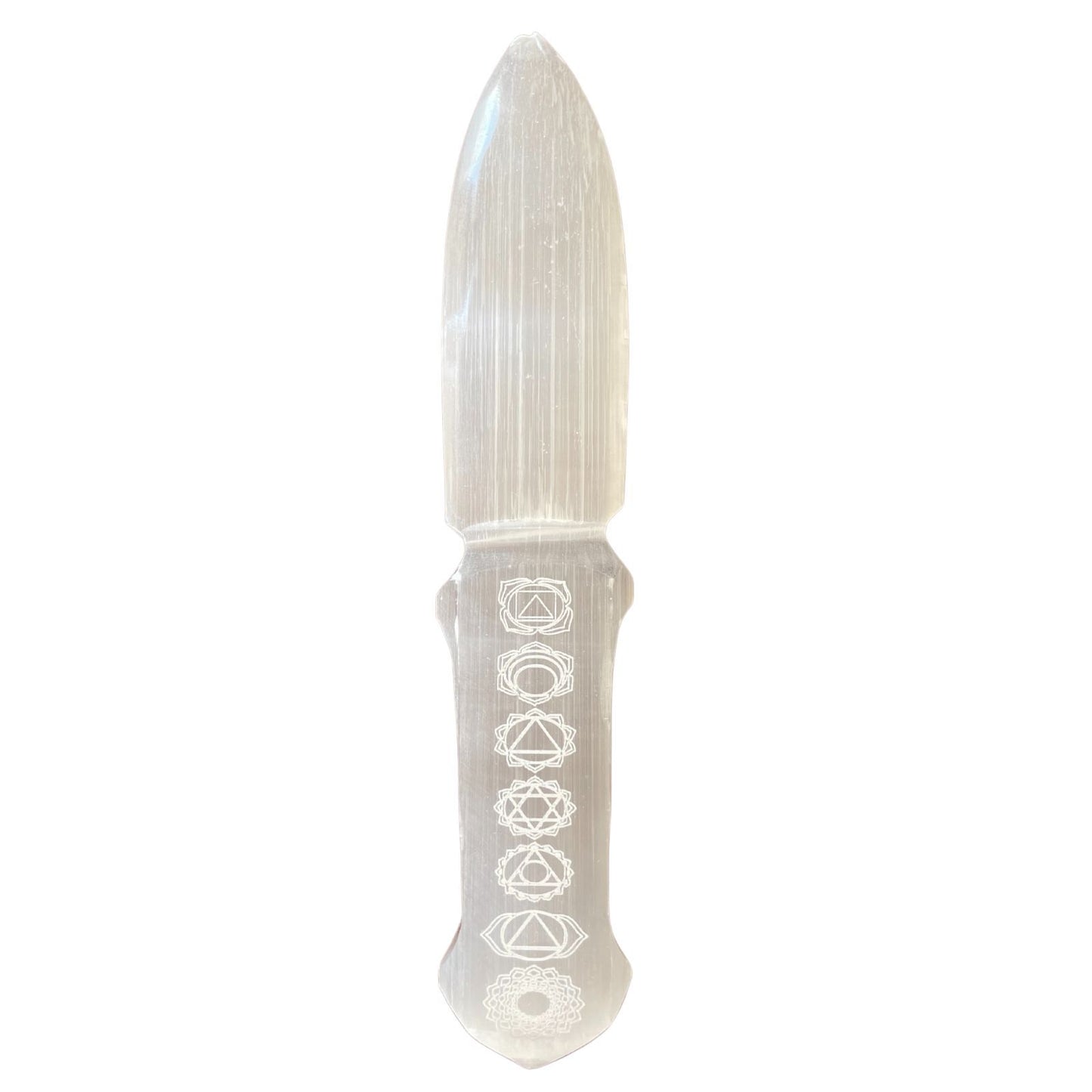 Handcrafted white selenite ritual knife featuring seven colourful chakra stones inlaid along the handle.