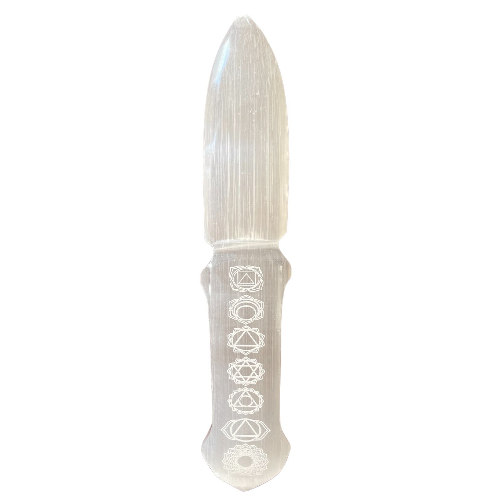 Handcrafted white selenite ritual knife featuring seven colourful chakra stones inlaid along the handle.