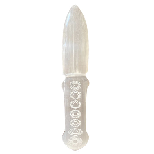 Handcrafted white selenite ritual knife featuring seven colourful chakra stones inlaid along the handle.