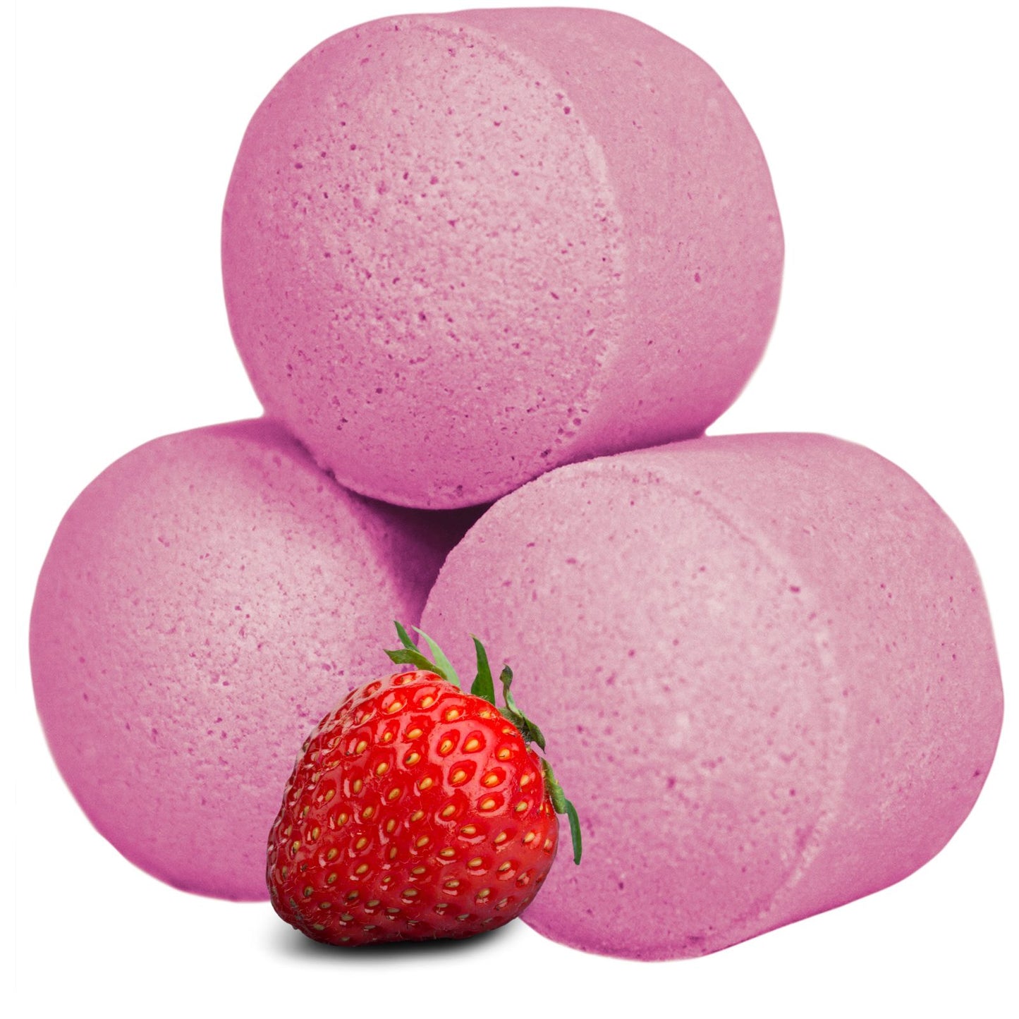 A bulk box filled with small, round pink strawberry-scented mini bath bombs.