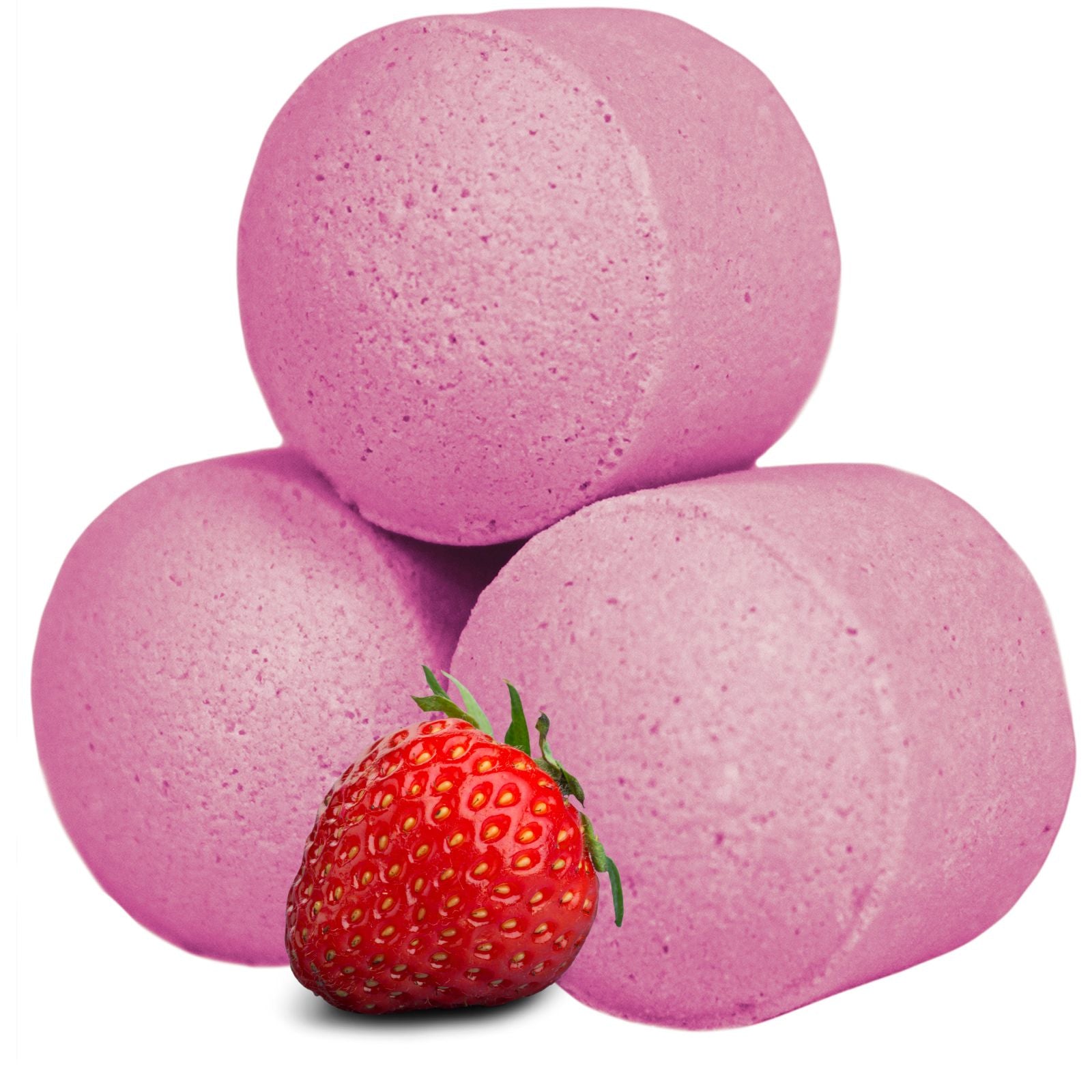 A bulk box filled with small, round pink strawberry-scented mini bath bombs.