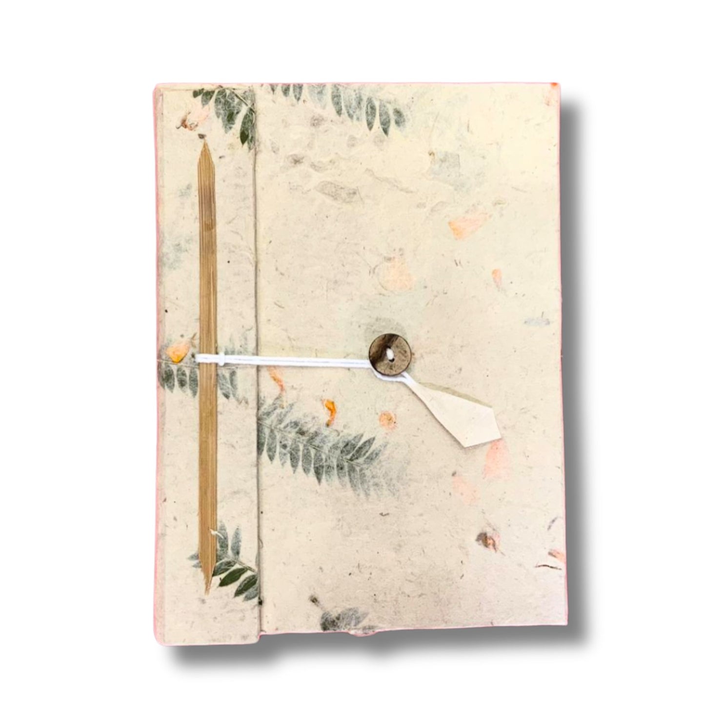 Large handmade Lokta paper notebook featuring real pressed flower petals set into the textured natural cover.