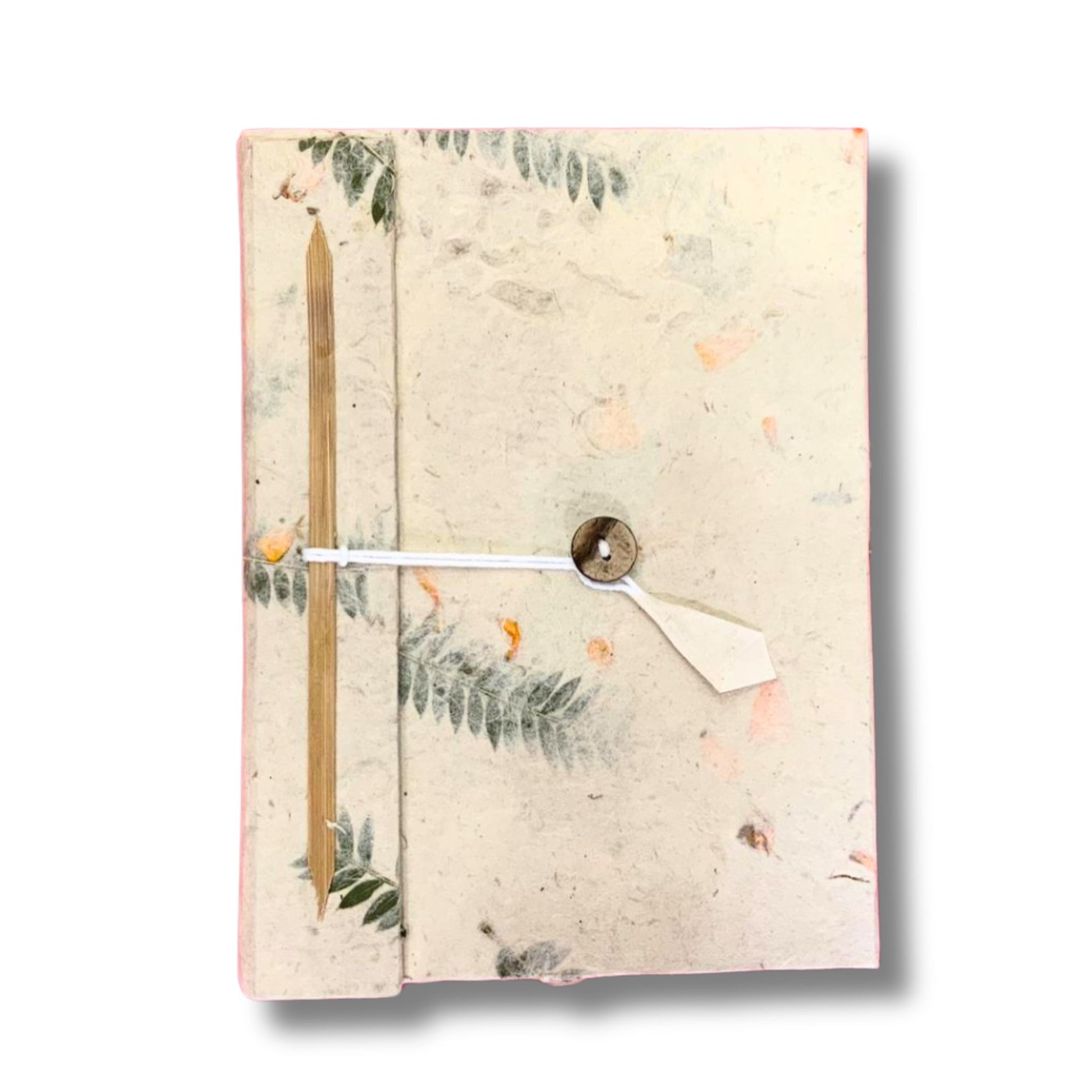 Large handmade Lokta paper notebook featuring real pressed flower petals set into the textured natural cover.