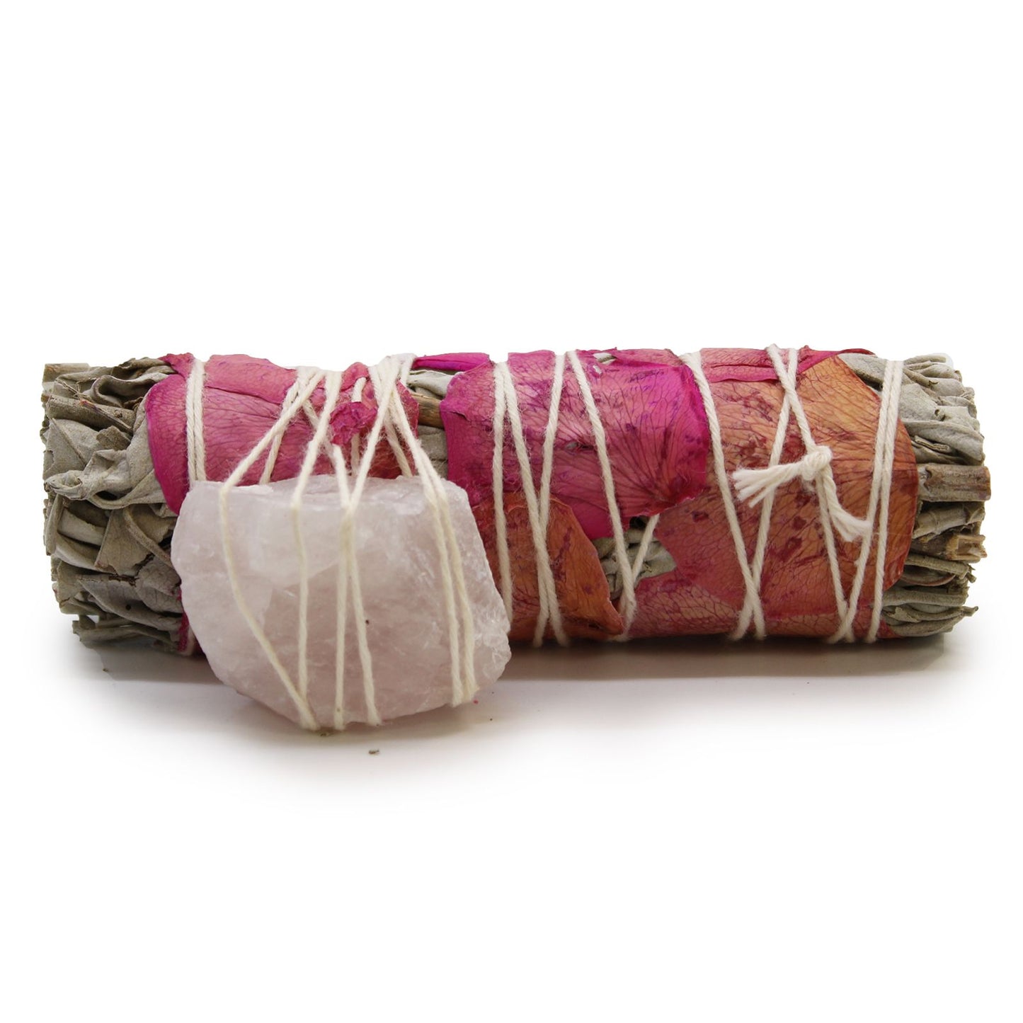 Hand-tied 10cm white sage smudge stick bundled with delicate dried flowers and a rose quartz crystal.