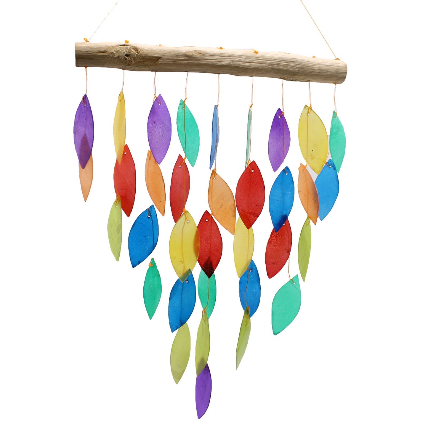 Handcrafted driftwood wind chime featuring colourful rainbow-shaped leaf pendants made from translucent capiz shells.