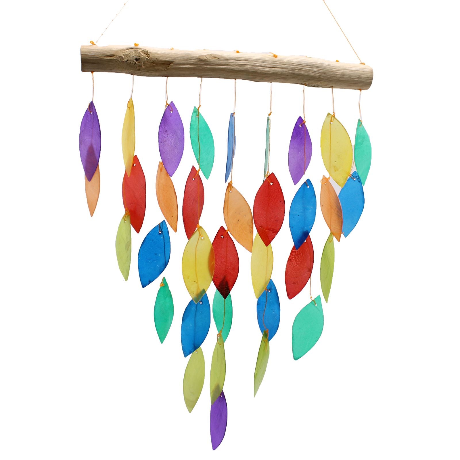 Handcrafted driftwood wind chime featuring colourful rainbow-shaped leaf pendants made from translucent capiz shells.