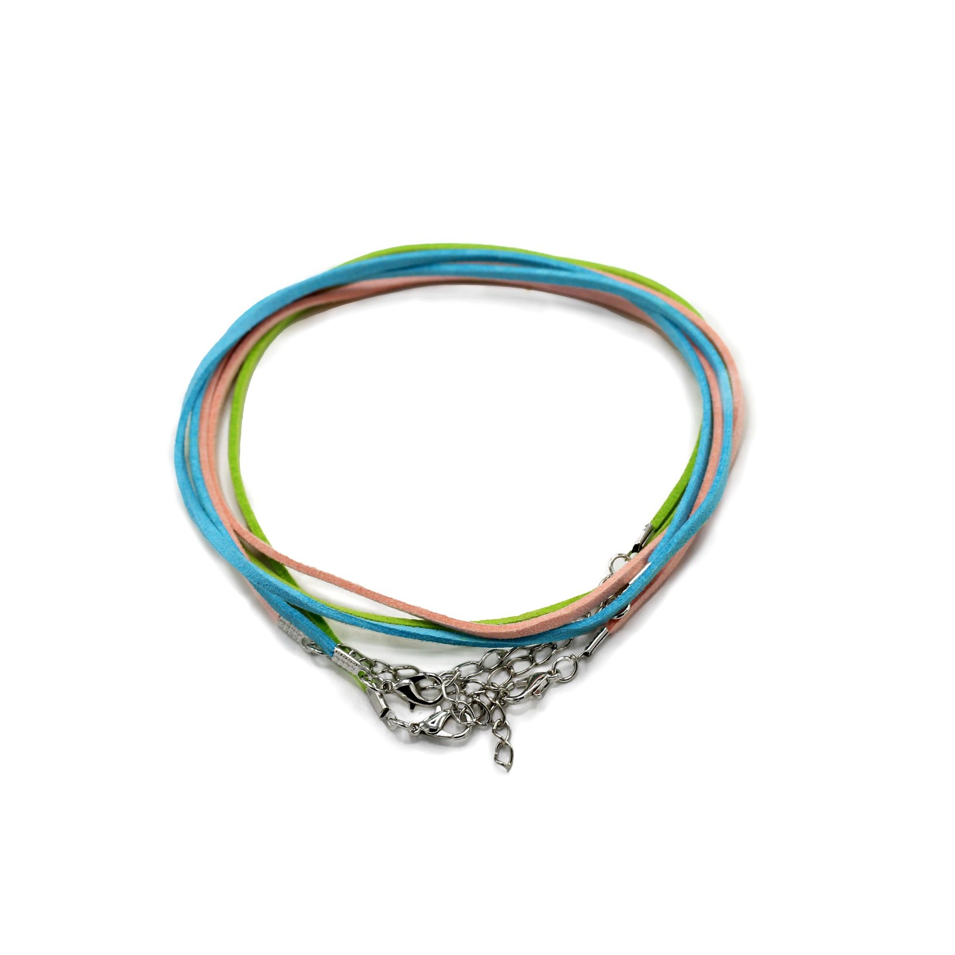 Assorted collection of colourful faux suede pendant cords with silver-toned metal lobster clasps.