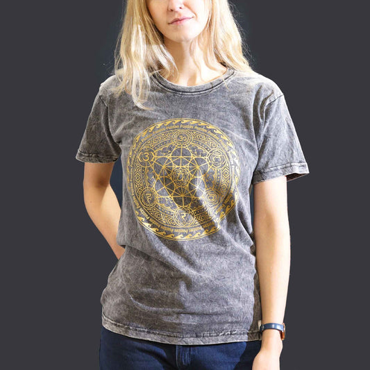 Front view of a dark grey stone washed t-shirt featuring a detailed vertical chakra symbol design.