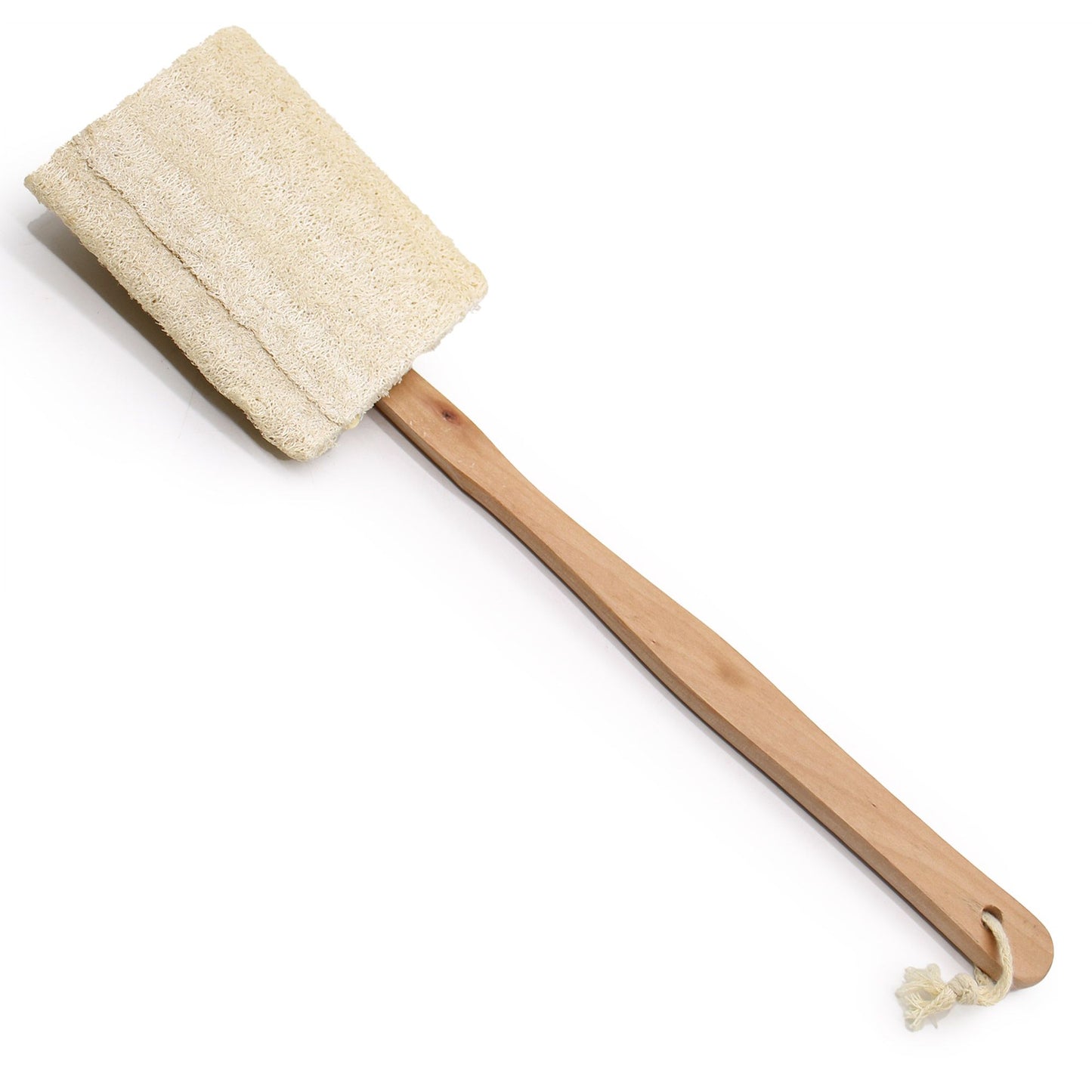 Natural loofah sponge on a long ergonomic wooden handle for easy back scrubbing and skin exfoliation.