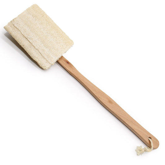 Natural loofah sponge on a long ergonomic wooden handle for easy back scrubbing and skin exfoliation.