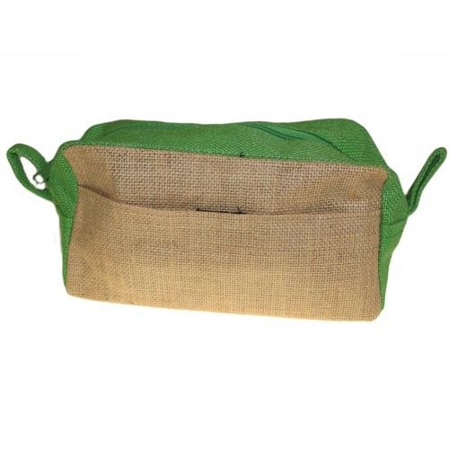 Eco-friendly natural jute toiletry bag with a vibrant green base and secure zip closure.
