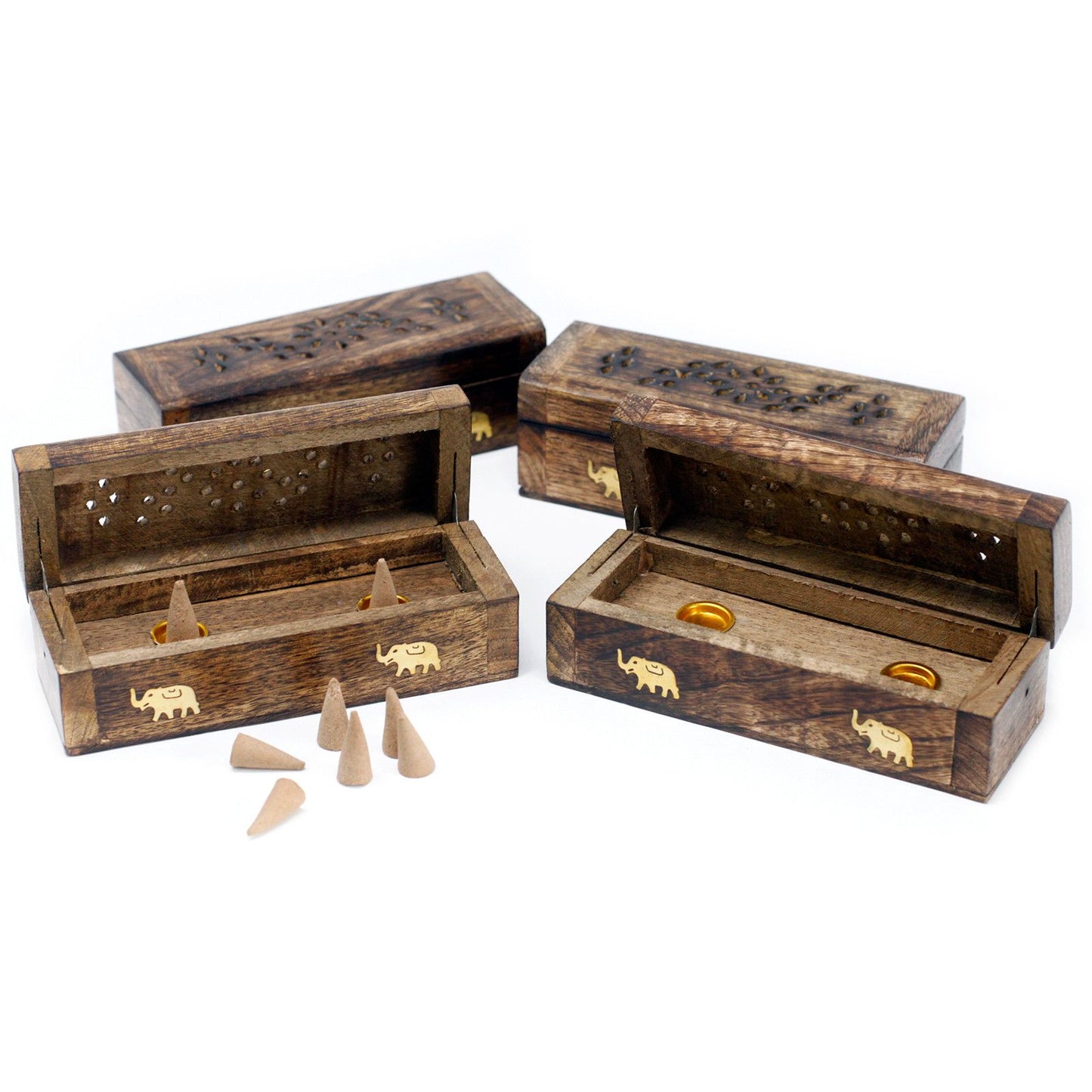 Handcrafted 6-inch mango wood incense smoke box with decorative carvings and a hinged lid for burning incense cones.