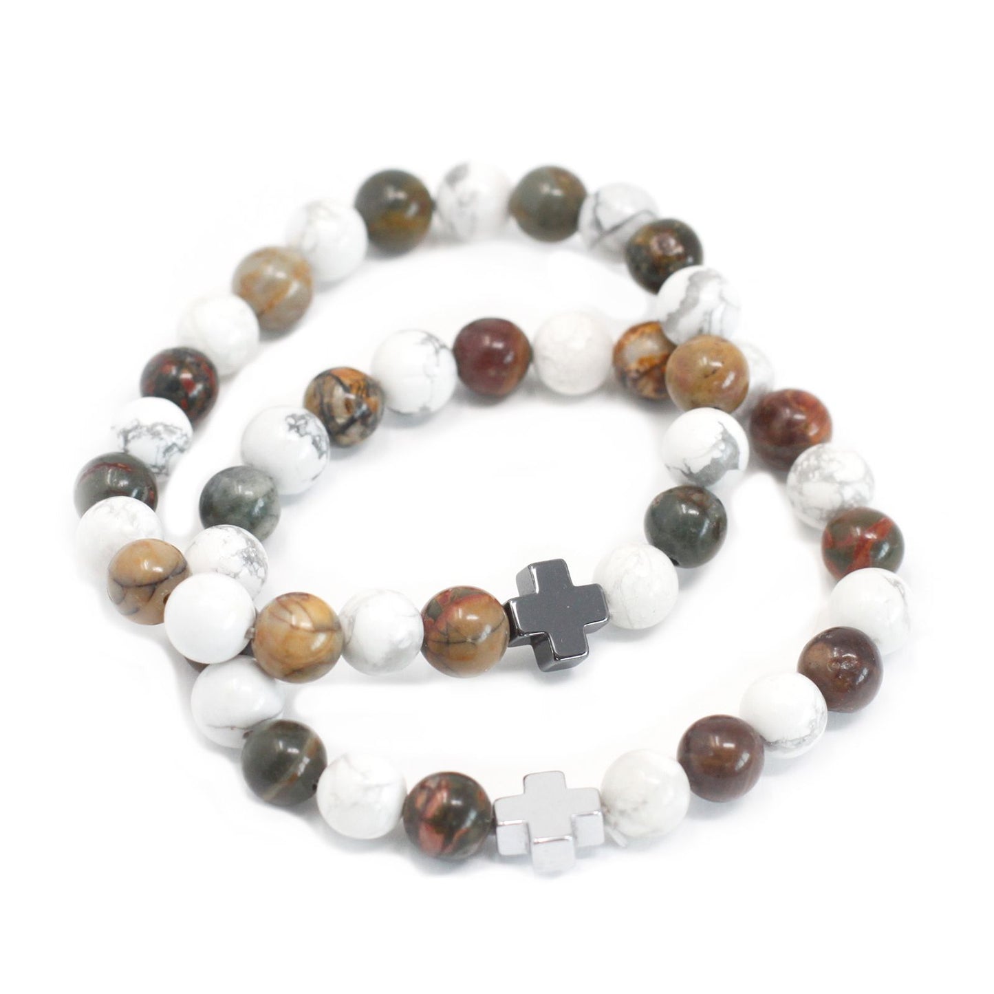 Two stretch gemstone bracelets featuring earthy Picasso Jasper and marbled White Howlite beads with silver-tone accents.
