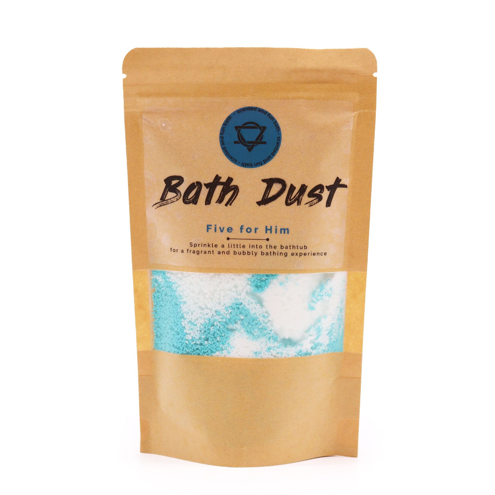 Sparkling blue and white bath dust in a clear bag, showing a textured fizzing powder for a relaxing soak.