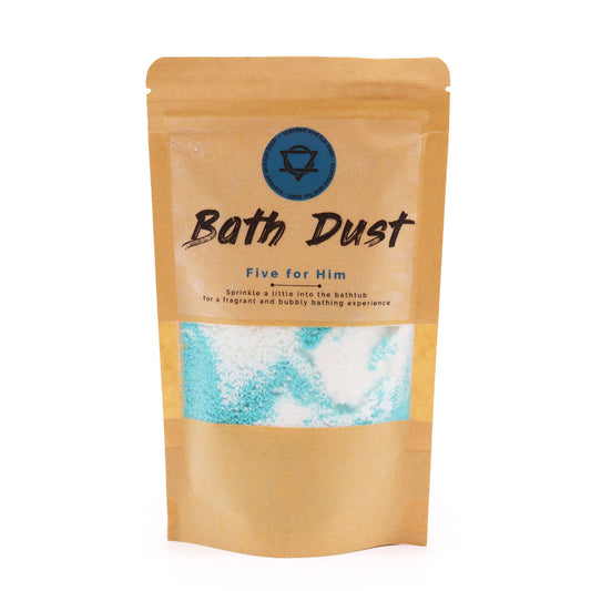 Sparkling blue and white bath dust in a clear bag, showing a textured fizzing powder for a relaxing soak.