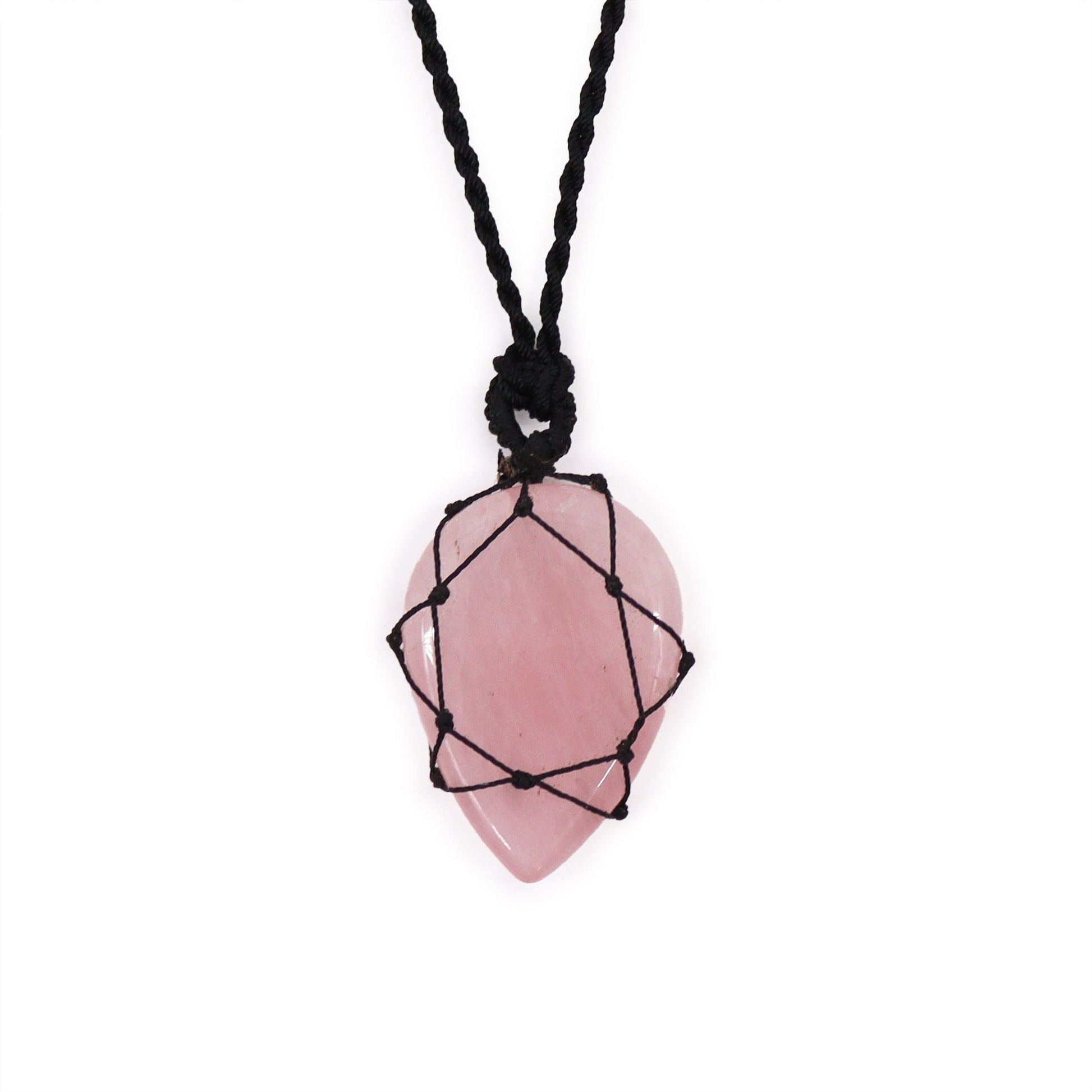 Handcrafted rose quartz gemstone teardrop pendant featuring an intricate laced silver-coloured metal design.
