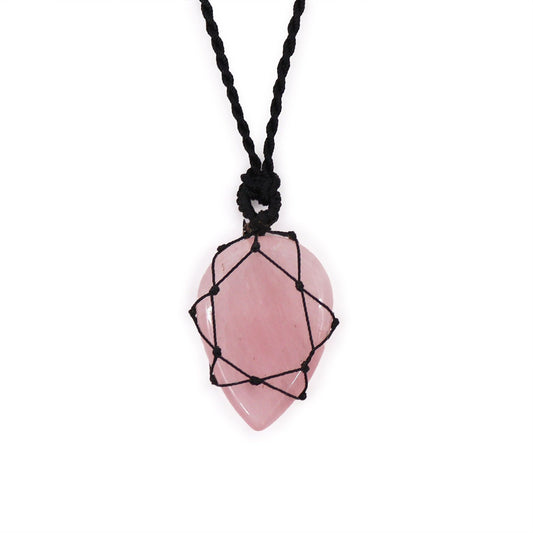 Handcrafted rose quartz gemstone teardrop pendant featuring an intricate laced silver-coloured metal design.