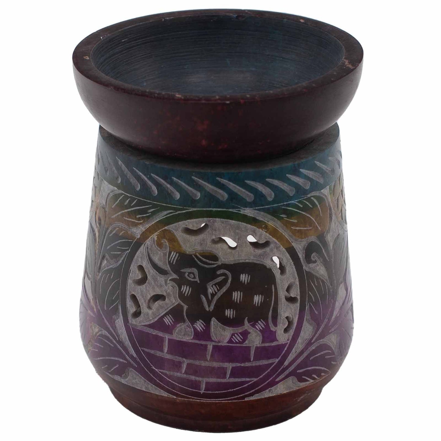 Large hand-carved soapstone oil burner featuring an intricate elephant design and a deep bowl for essential oils.
