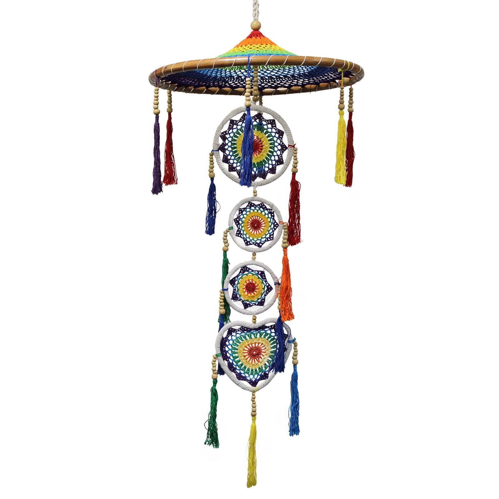 Extra large dreamcatcher with a vibrant multi-coloured rainbow design and long flowing tiers of fringe and feathers.