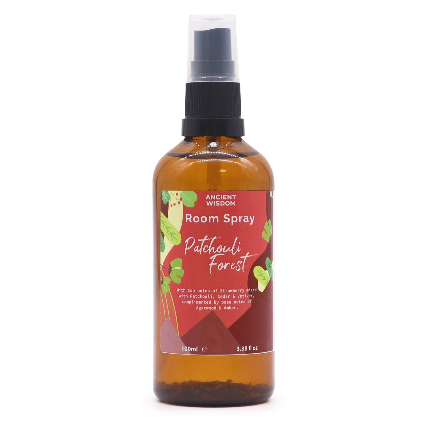 Clear glass 100ml spray bottle with Patchouli Forest label and black pump nozzle for home fragrance.