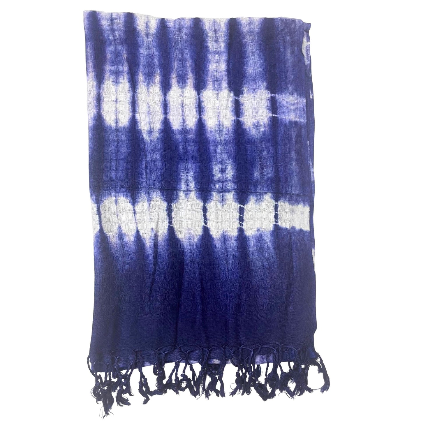 Long linen-rayon stole with deep indigo blue stripes and a soft, flowing texture on a neutral background.