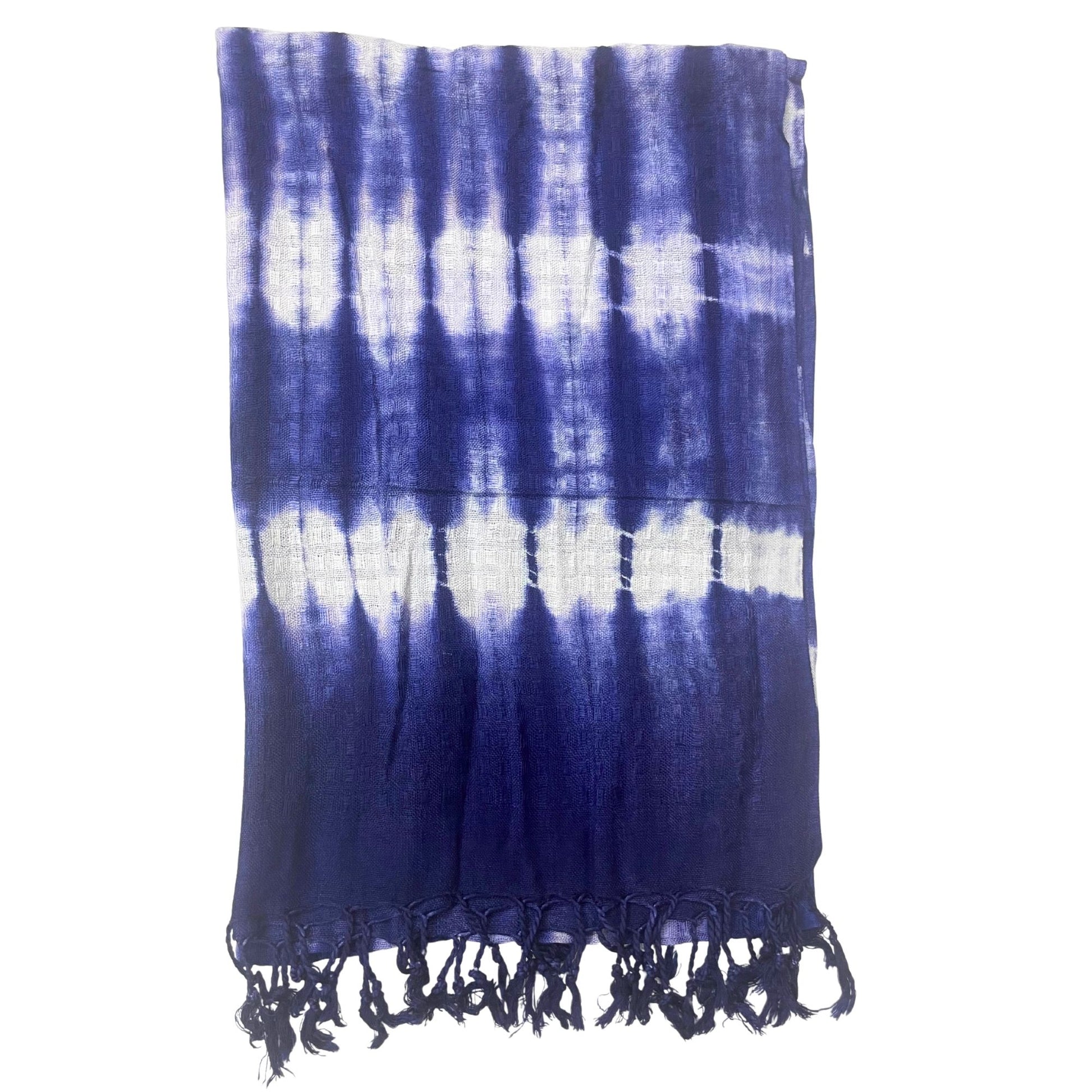 Long linen-rayon stole with deep indigo blue stripes and a soft, flowing texture on a neutral background.
