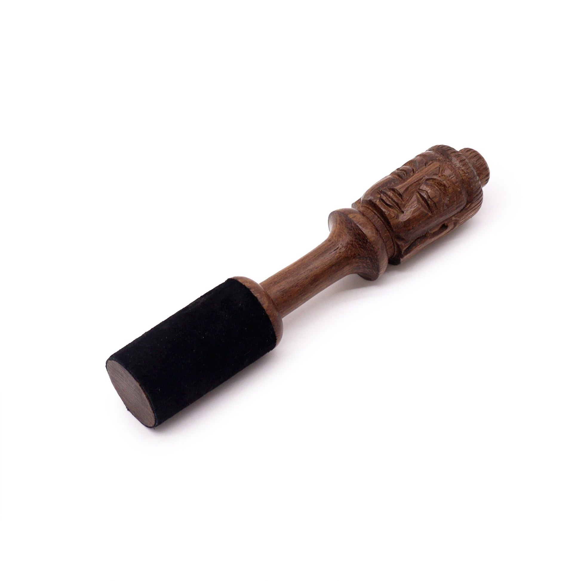 Handcrafted 14cm wooden singing bowl striker featuring an intricate Buddha carving on the handle.