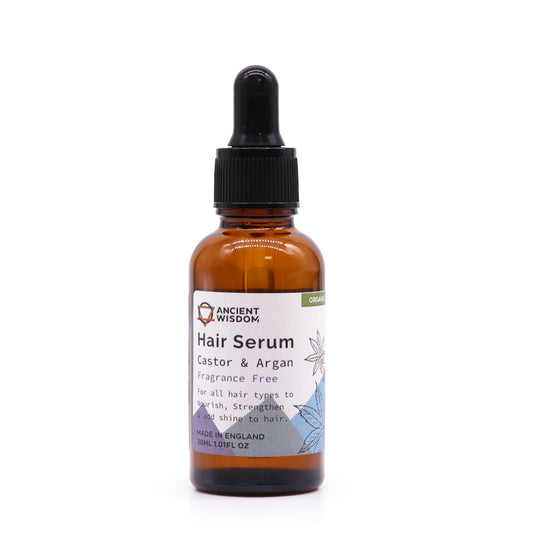 Clear 30ml glass bottle of unfragranced organic hair serum with a dropper applicator on a neutral background.