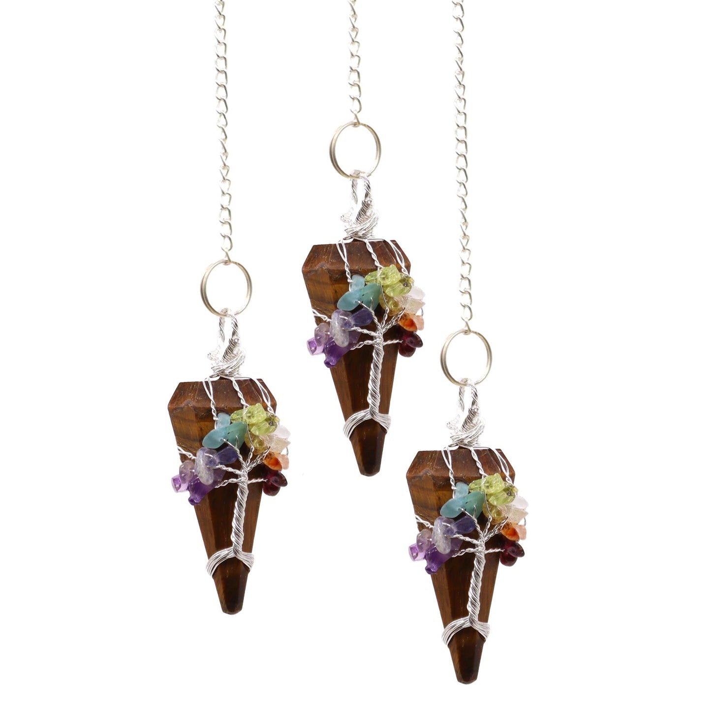Pointed tiger eye gemstone pendulum suspended from a silver chain with seven small colourful chakra beads.