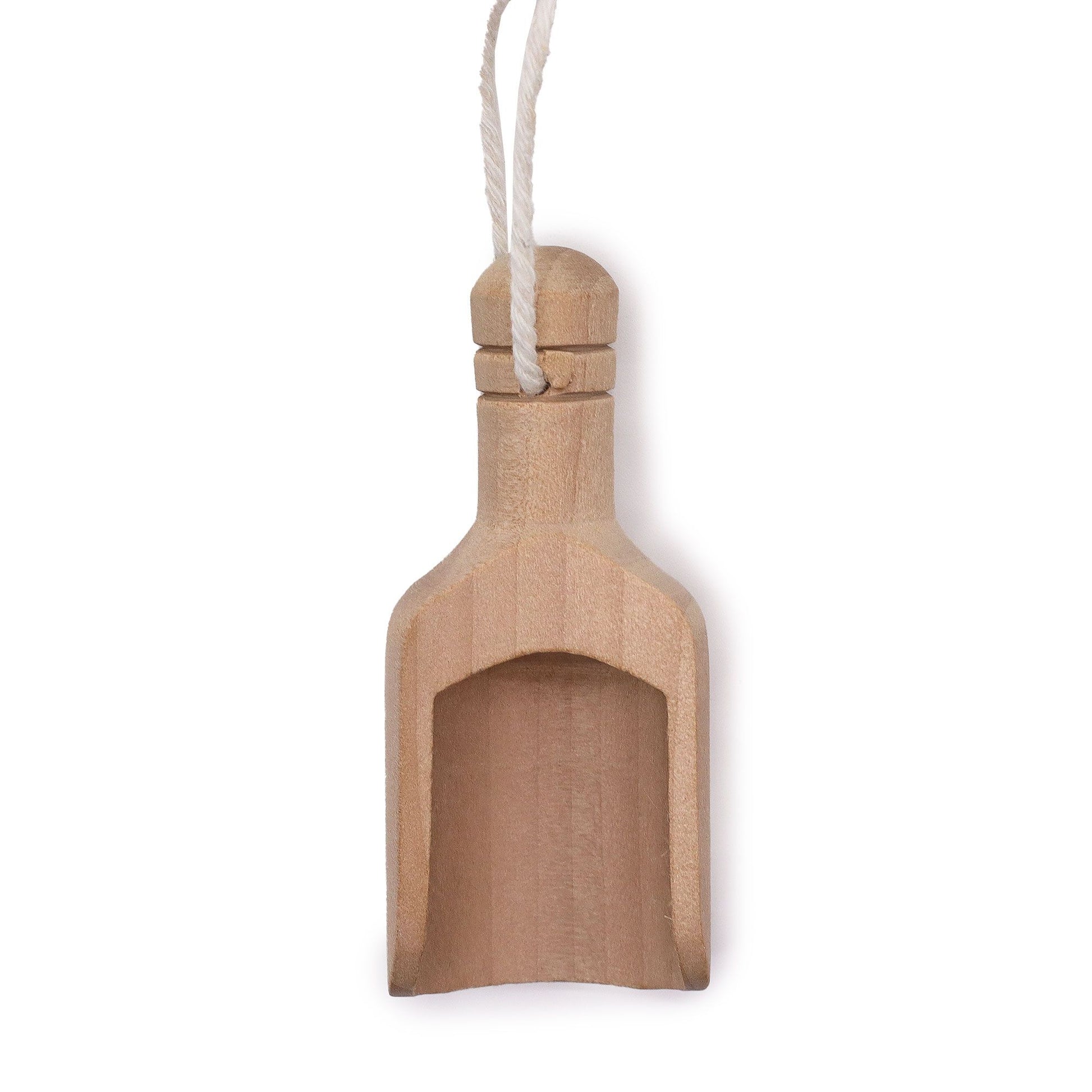 Small natural wood scoops for measuring bath salts and apothecary ingredients.