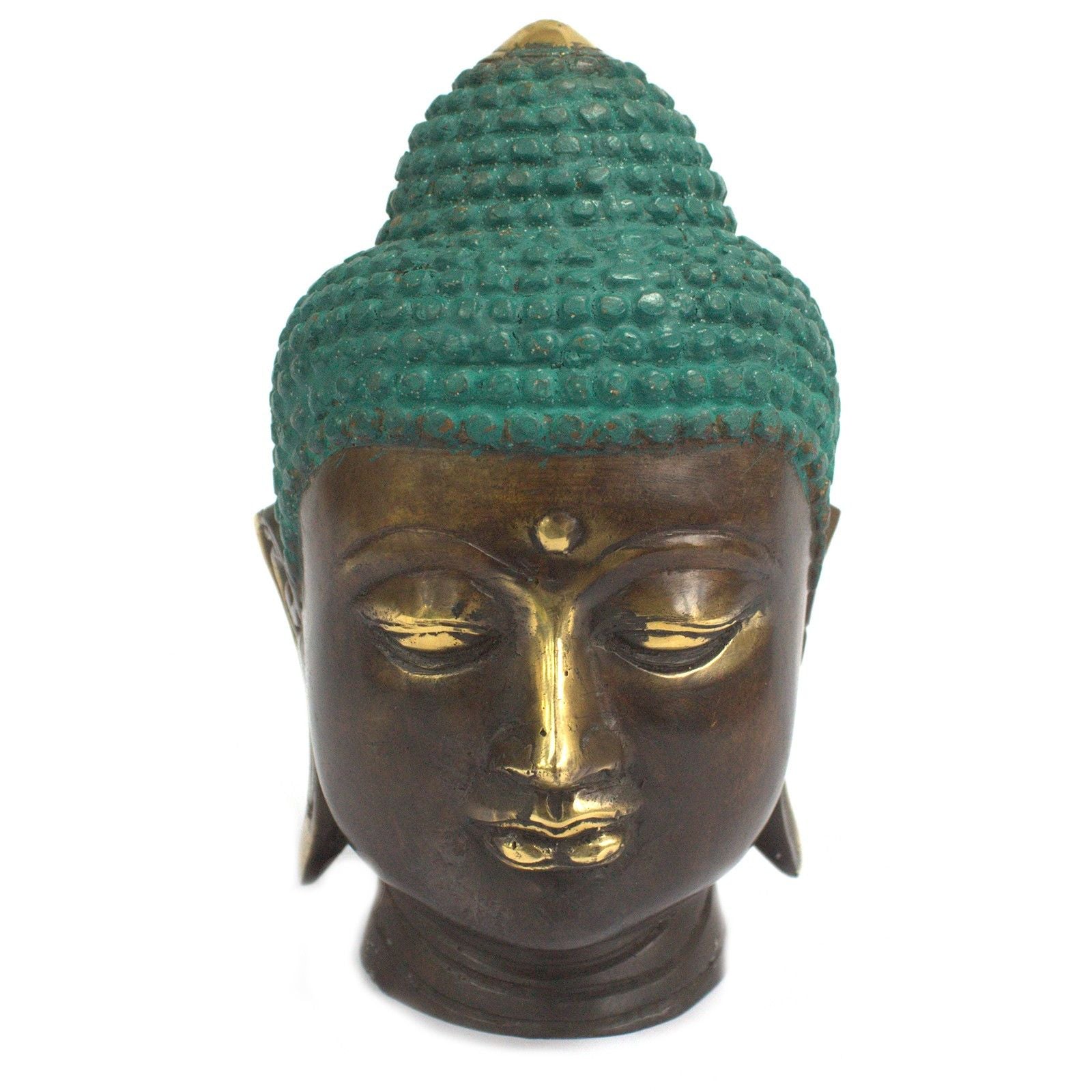 Large polished brass Buddha head statue with traditional intricate details and a serene expression.