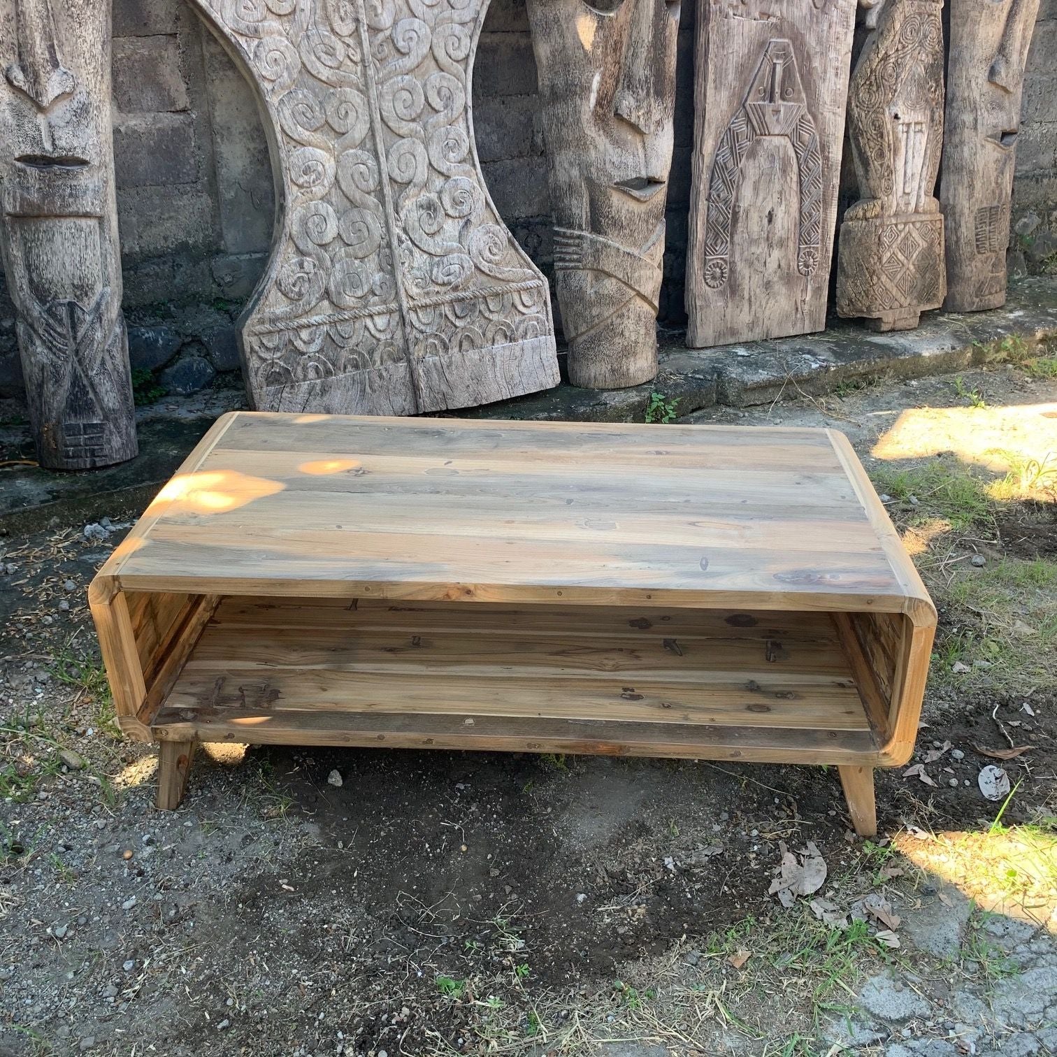 Large rectangular coffee table crafted from multi-coloured upcycled teak wood with a rustic, textured finish.