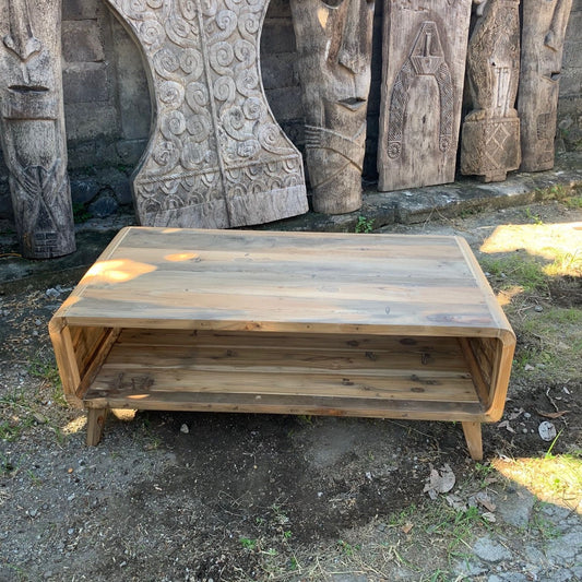 Large rectangular coffee table crafted from multi-coloured upcycled teak wood with a rustic, textured finish.