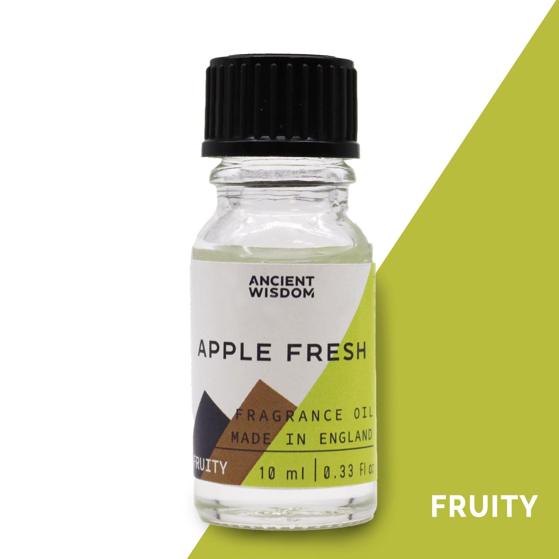 A small amber glass bottle of apple fresh fragrance oil with a white dropper cap and minimalist label.