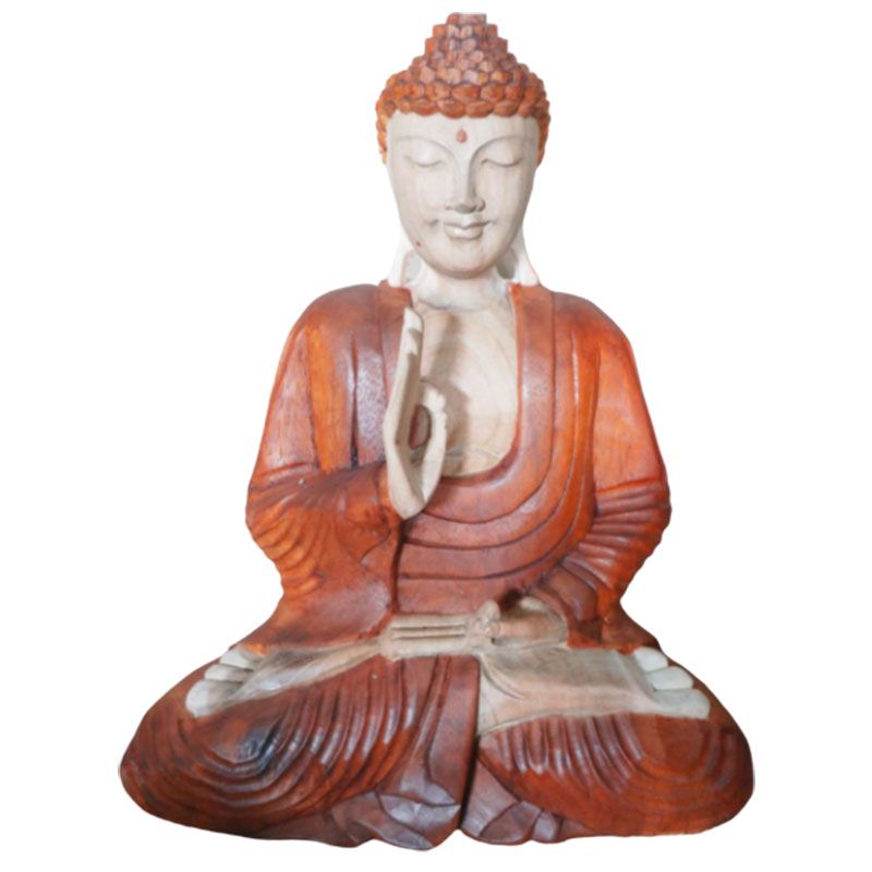 Intricately hand-carved 60cm Suar wood Buddha statue in a traditional seated teaching transmission pose.