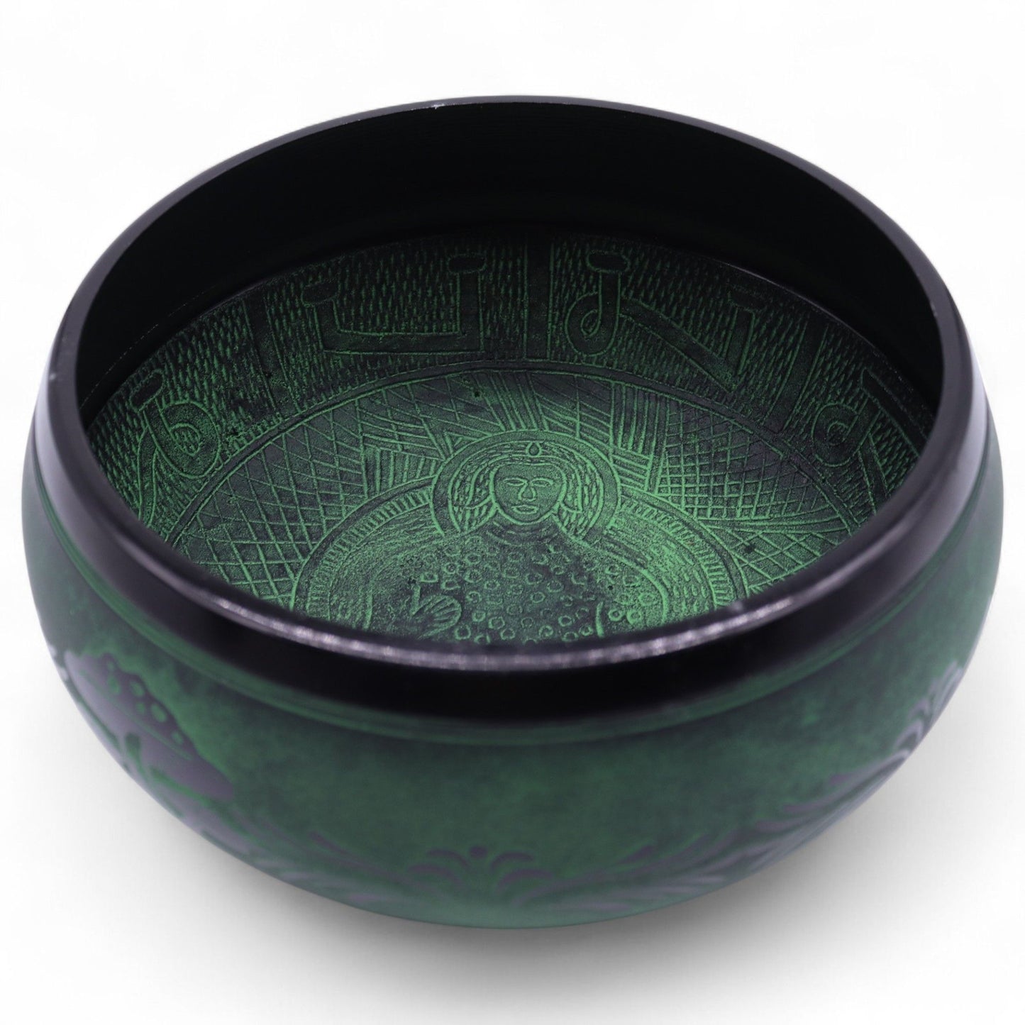 Large moss green mushroom-shaped brass singing bowl with a textured finish, ideal for meditation and yoga.