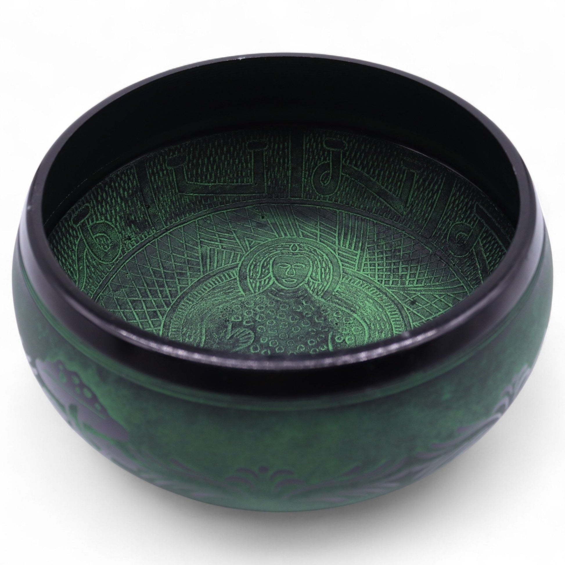 Large moss green mushroom-shaped brass singing bowl with a textured finish, ideal for meditation and yoga.