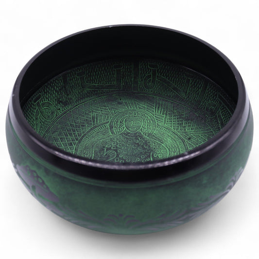 Large moss green mushroom-shaped brass singing bowl with a textured finish, ideal for meditation and yoga.