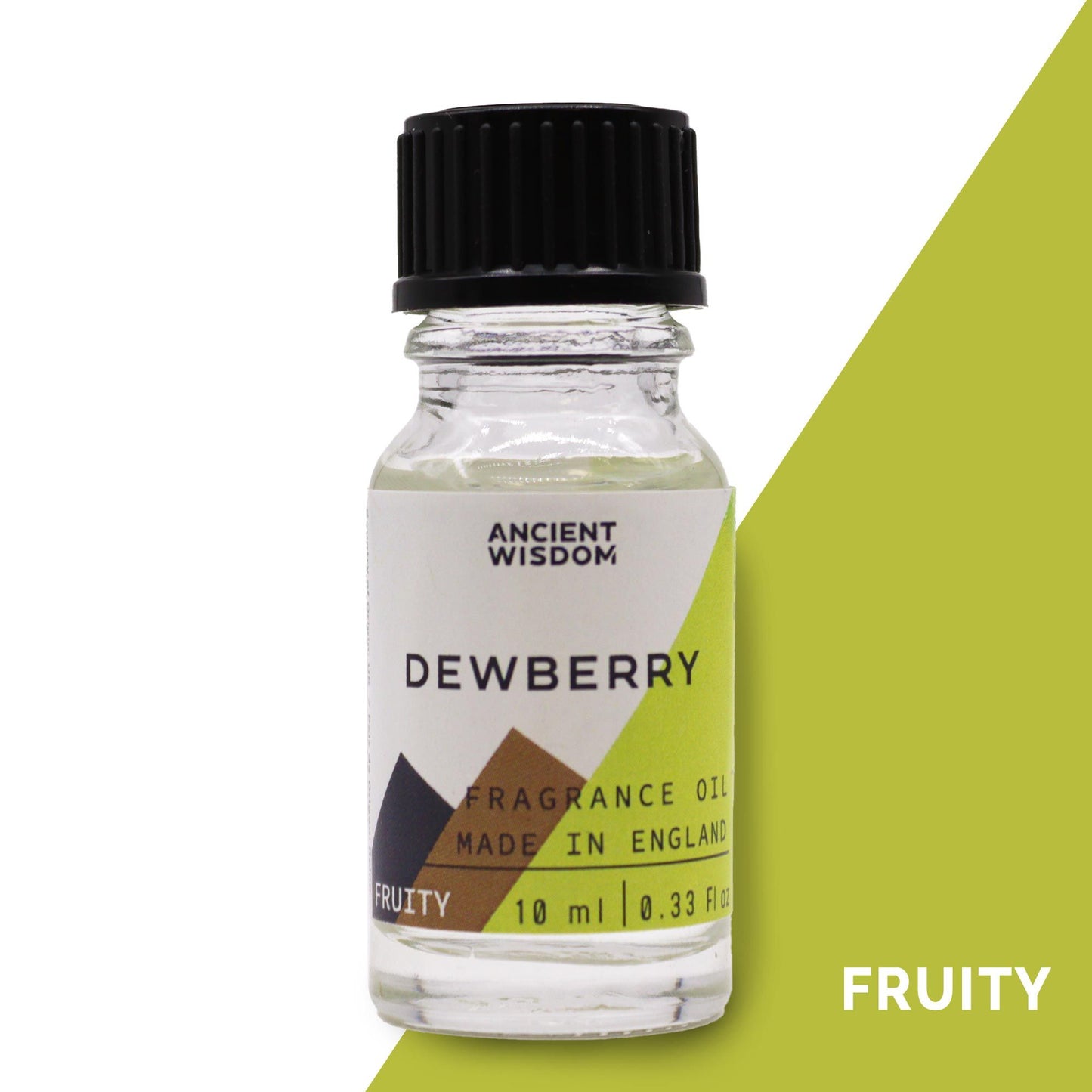 A 10ml amber glass bottle of dewberry fragrance oil with a black dropper cap on a neutral background.