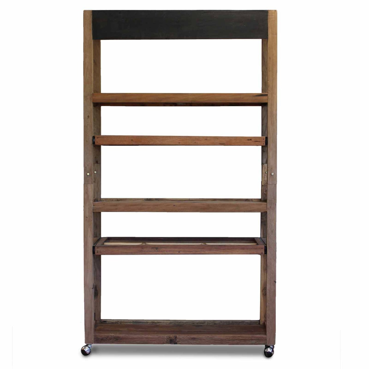 Rustic wooden display stand with eight compartments designed for holding liquid soap dispensers.