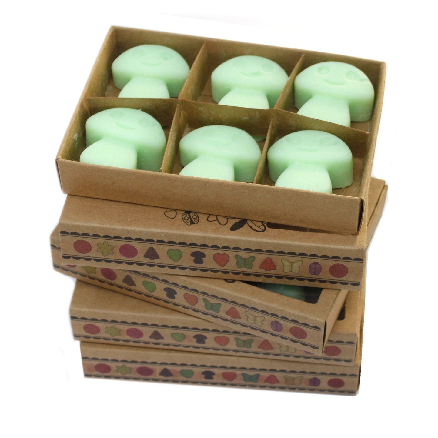 Six star-shaped dark liquorice scented soy wax melts presented in a charming matchbox style package.