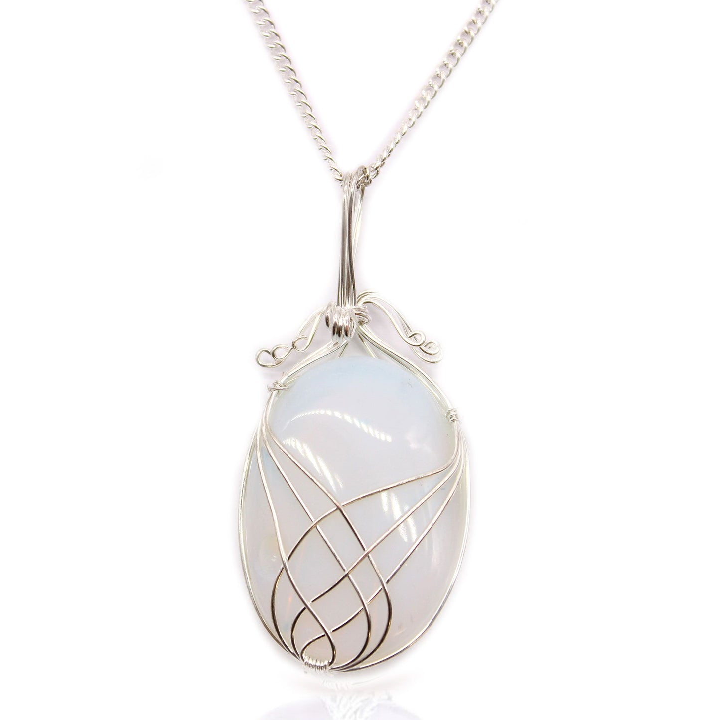Opalite gemstone with a luminous blue and white glow, encased in a delicate silver-toned wire swirl cage pendant.