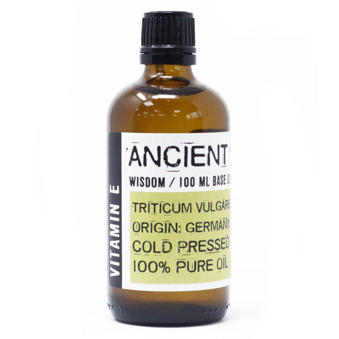 A clear glass bottle of natural vitamin E oil showing its rich golden colour and viscous texture.