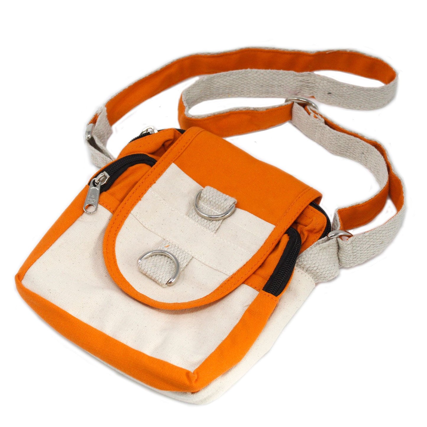 Handmade turmeric yellow cotton cross body travel bag with dual zip pockets and a natural textured finish.